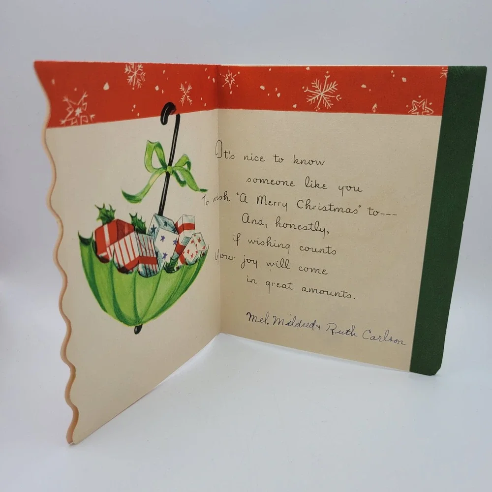 Vintage Art Guild Williamsburg Christmas Card Girl Umbrella‎ 1950s Signed